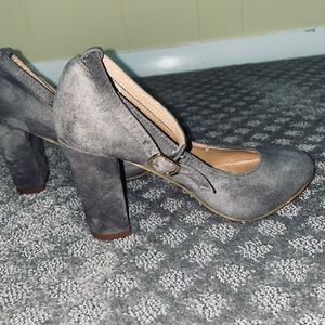 Gray Swede Ankle Strap Heels
